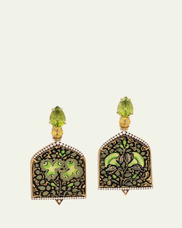 Papier Mache Window Earrings with Diamonds, Peridots, and Sapphires